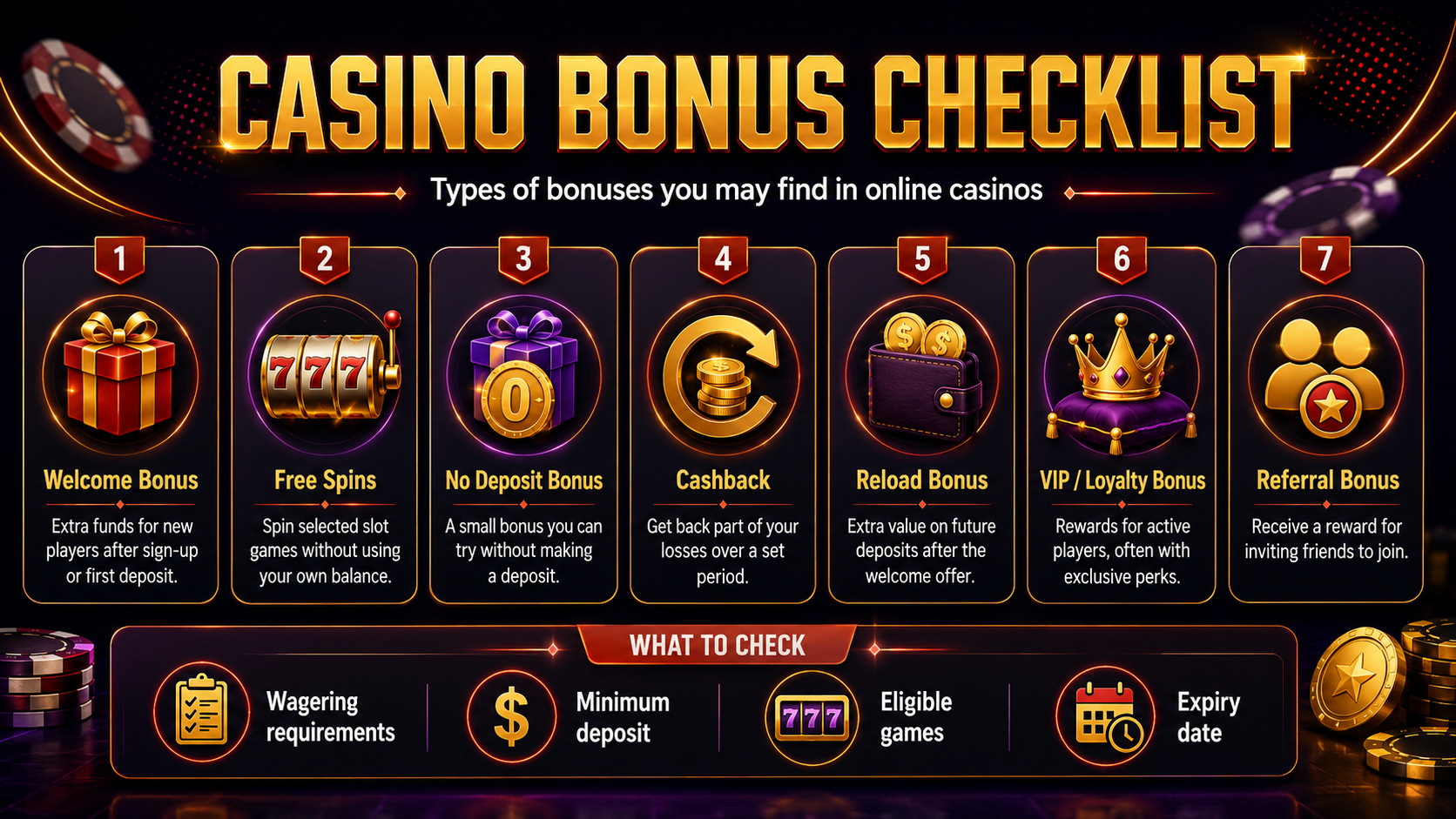 Infographic checklist of five things to check in a crash-game welcome bonus before depositing: contribution rate, max bet, wagering multiple, time limit, and licensing